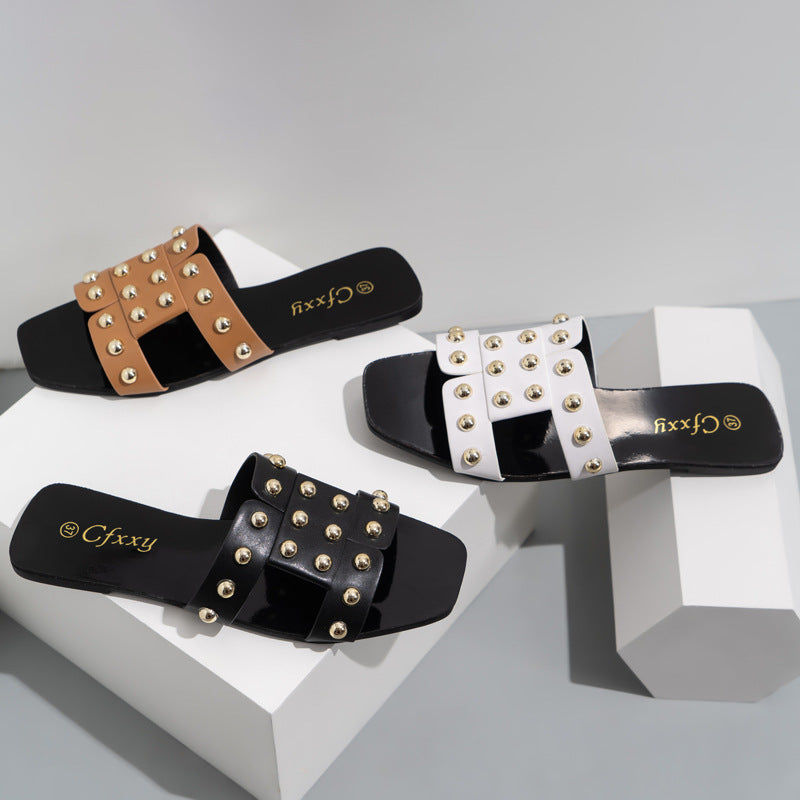 Women's Leather Studded Flat Slide Sandals