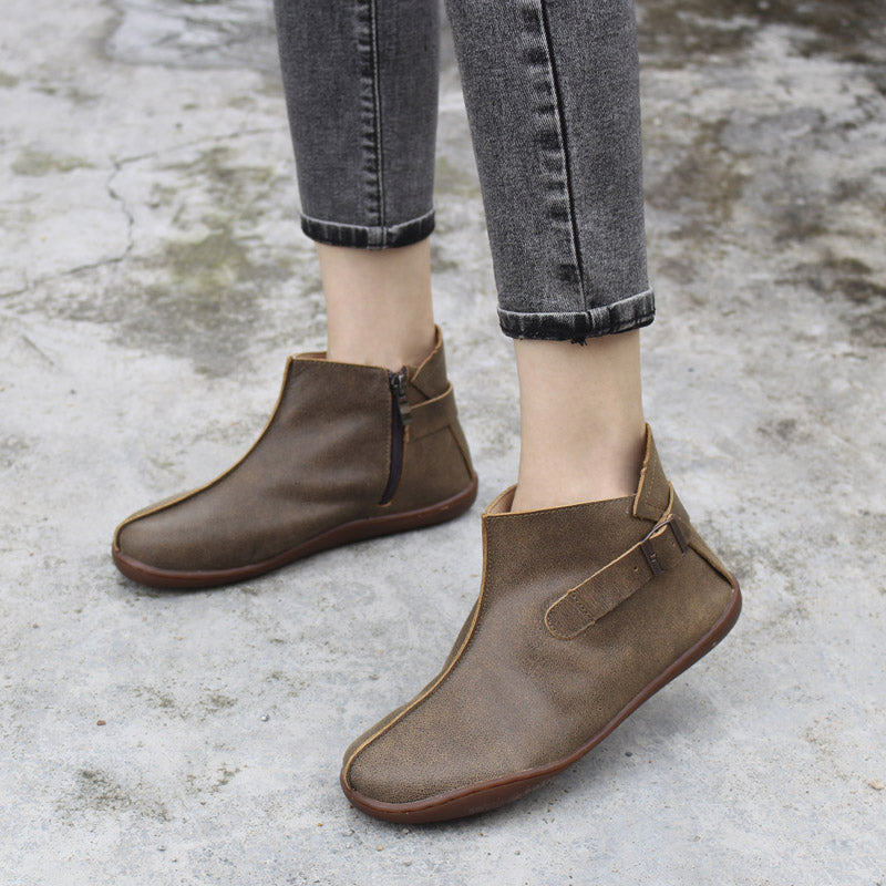 Handmade Cowhide Fleece-Lined Flat Ankle Boots