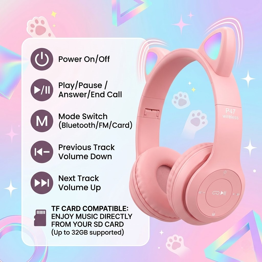 P47M Wireless Cat Ear Bluetooth Headphones with RGB LED Lights, 3.5mm AUX Jack, TF Card Slot