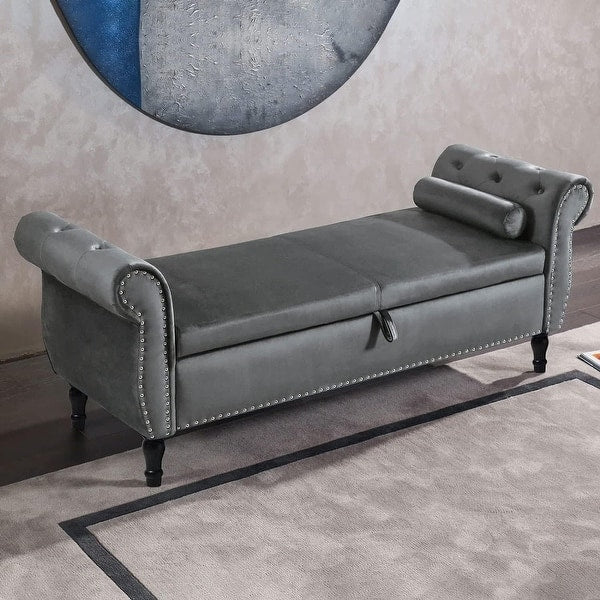 63in./160cm Button-Tufted Faux Leather/Velvet Upholstered Storage Bench with Pillow