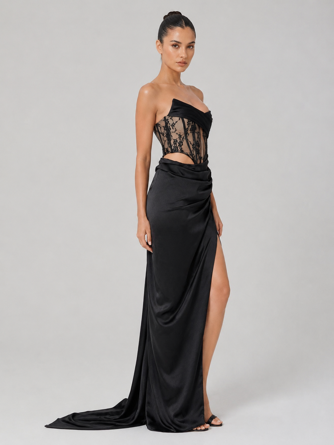 Lace Corset Draped Floor-Length Gown