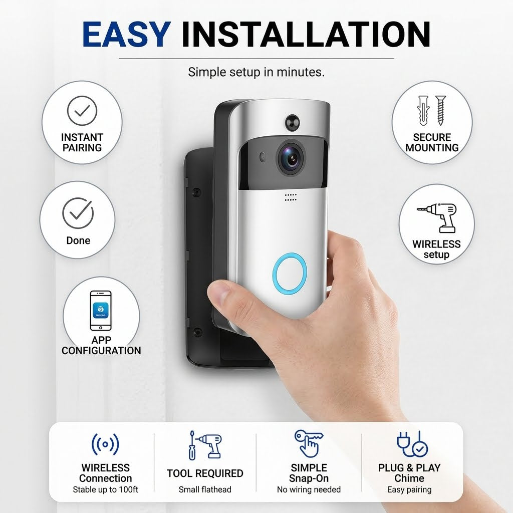 720p HD V5 Smart WiFi Video Doorbell with Night Vision, PIR Motion Detection and Two-Way Audio