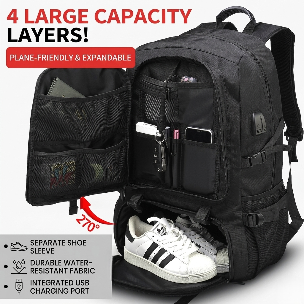 Multifunctional Laptop Travel Backpack with USB Charging Port – 80L