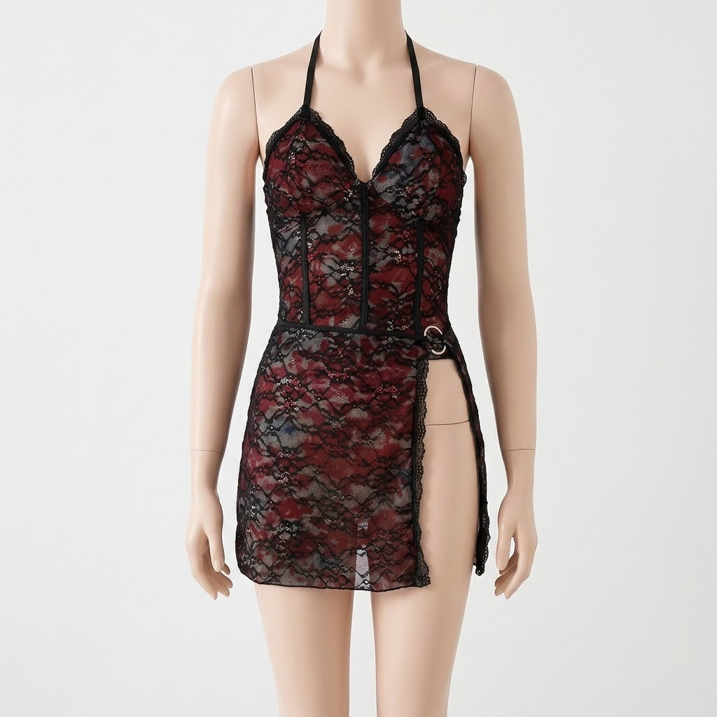 Red Floral Lace Halter Mini Dress