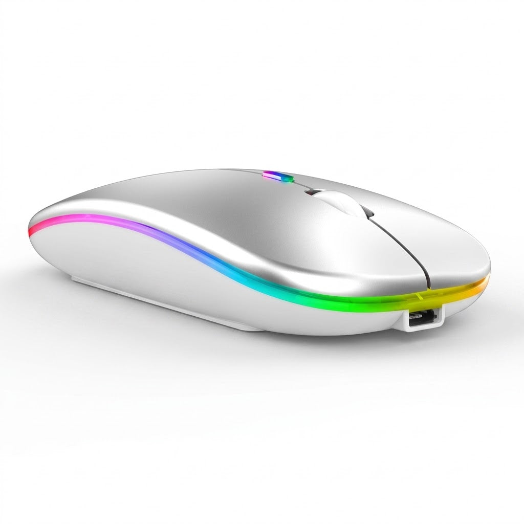 Rechargeable Dual-Mode Bluetooth 5.2 Wireless Mouse with 2.4GHz Receiver, Ultra-Silent Click & Colorful RGB LED Effects