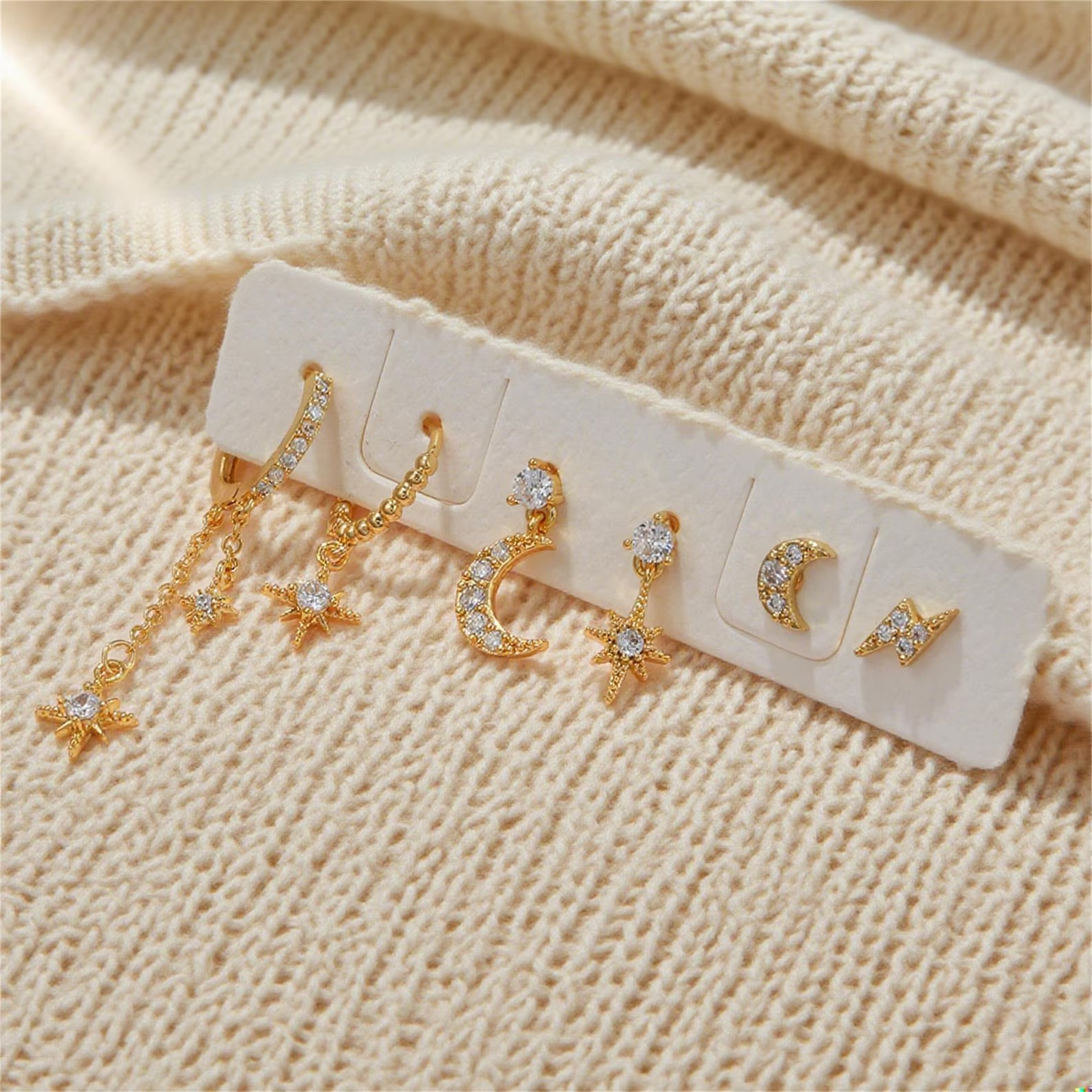 6-Piece 18k Gold Star-Moon Celestial Earring Set