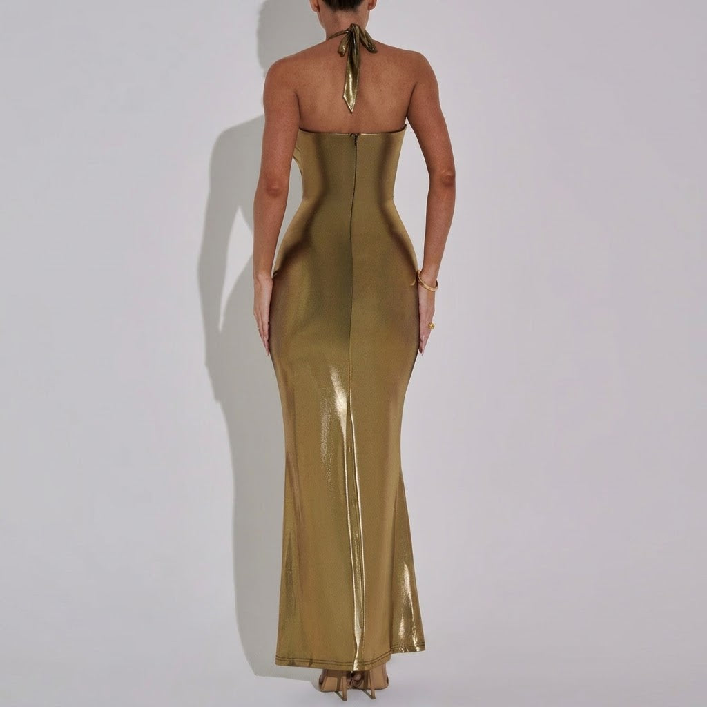 Cowl Neck Plunge Metallic Maxi Dress