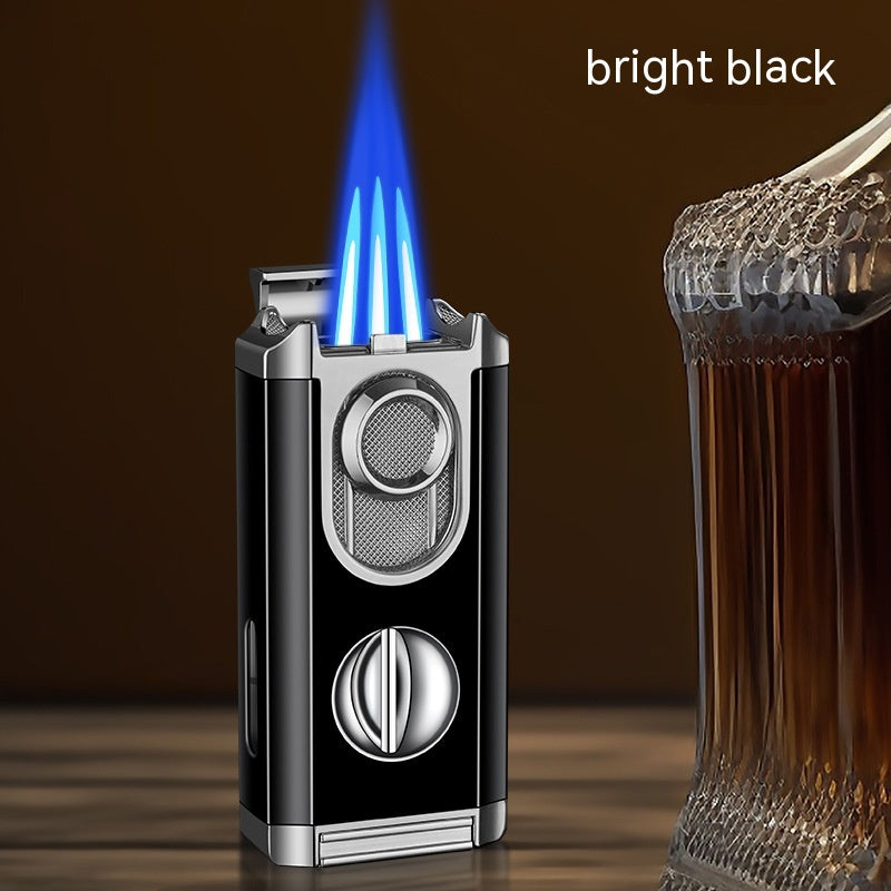 Metal Cigar Lighter with Built-in V-cut Cutter, Windproof Triple Jet Torch