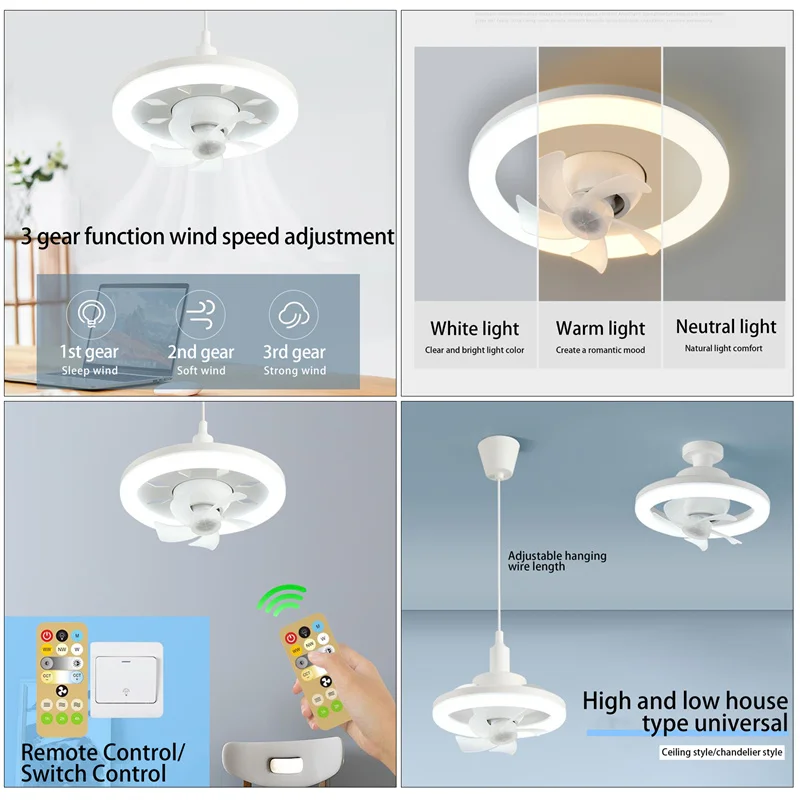 360° Shaking Head Ceiling Fan Light with Remote Control, 3 Gear Wind Speed, 3 Color Mode