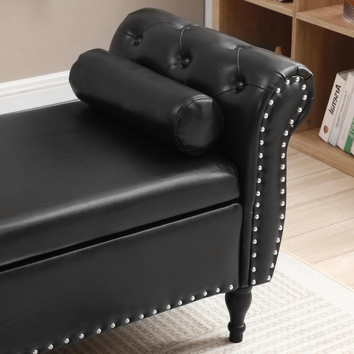 63in./160cm Button-Tufted Faux Leather/Velvet Upholstered Storage Bench with Pillow