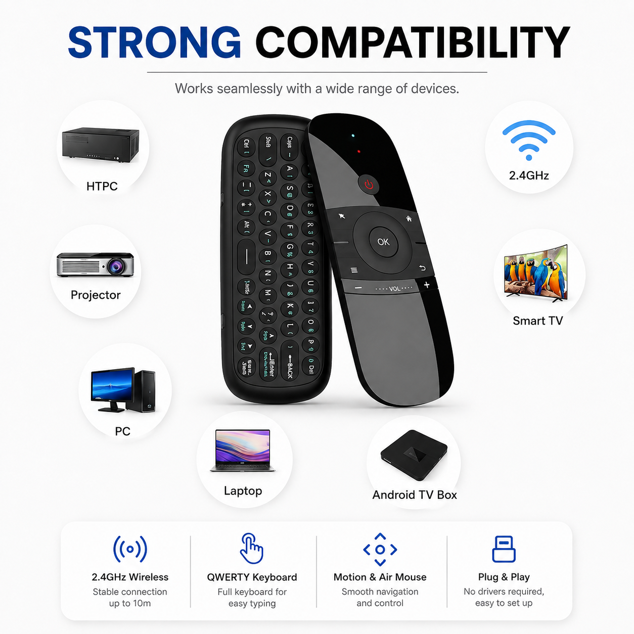 WeChip W1 Universal Air Mouse, Mini Wireless Keyboard & Remote Control for Smart TV, Android TV Box, PC/HTPC, Projector, All-in-one PC/TV