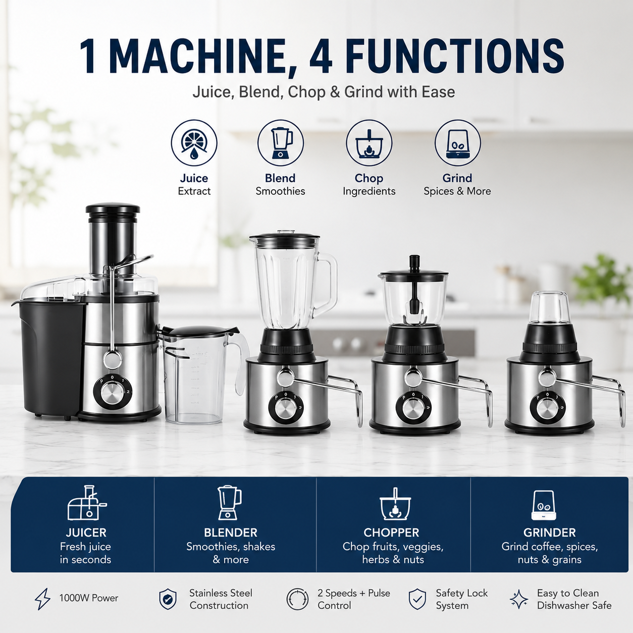 4-in-1 Multifunction Food Processor – Juicer, Blender, Grinder & Chopper
