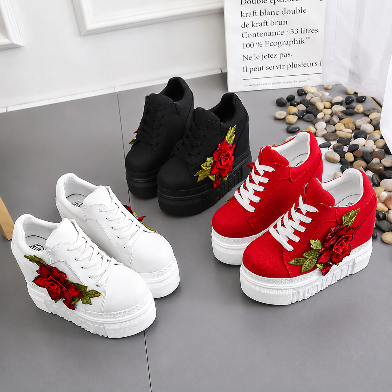 Embroidered Rose Platform Wedge Sneakers