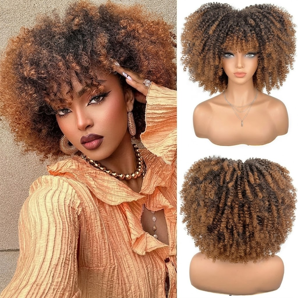 Natural-Looking Curly Synthetic Wig with Full Bangs – 16-Inch/40CM