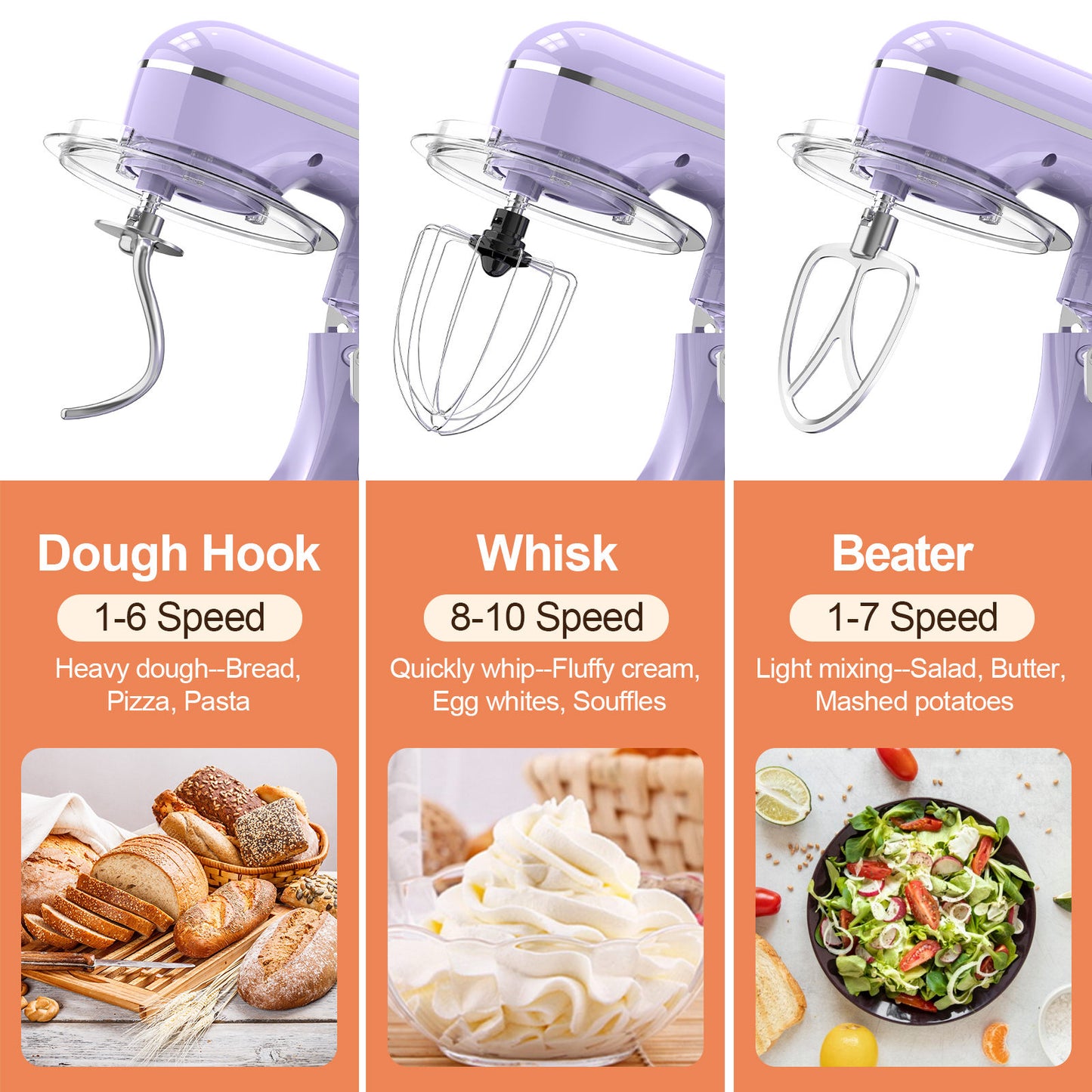 3-IN-1 Electric Stand Mixer, 660W 10-Speed with Pulse Button, Attachments include 6.5QT Bowl, Dough Hook, Beater, Whisk for Most Home Cooks