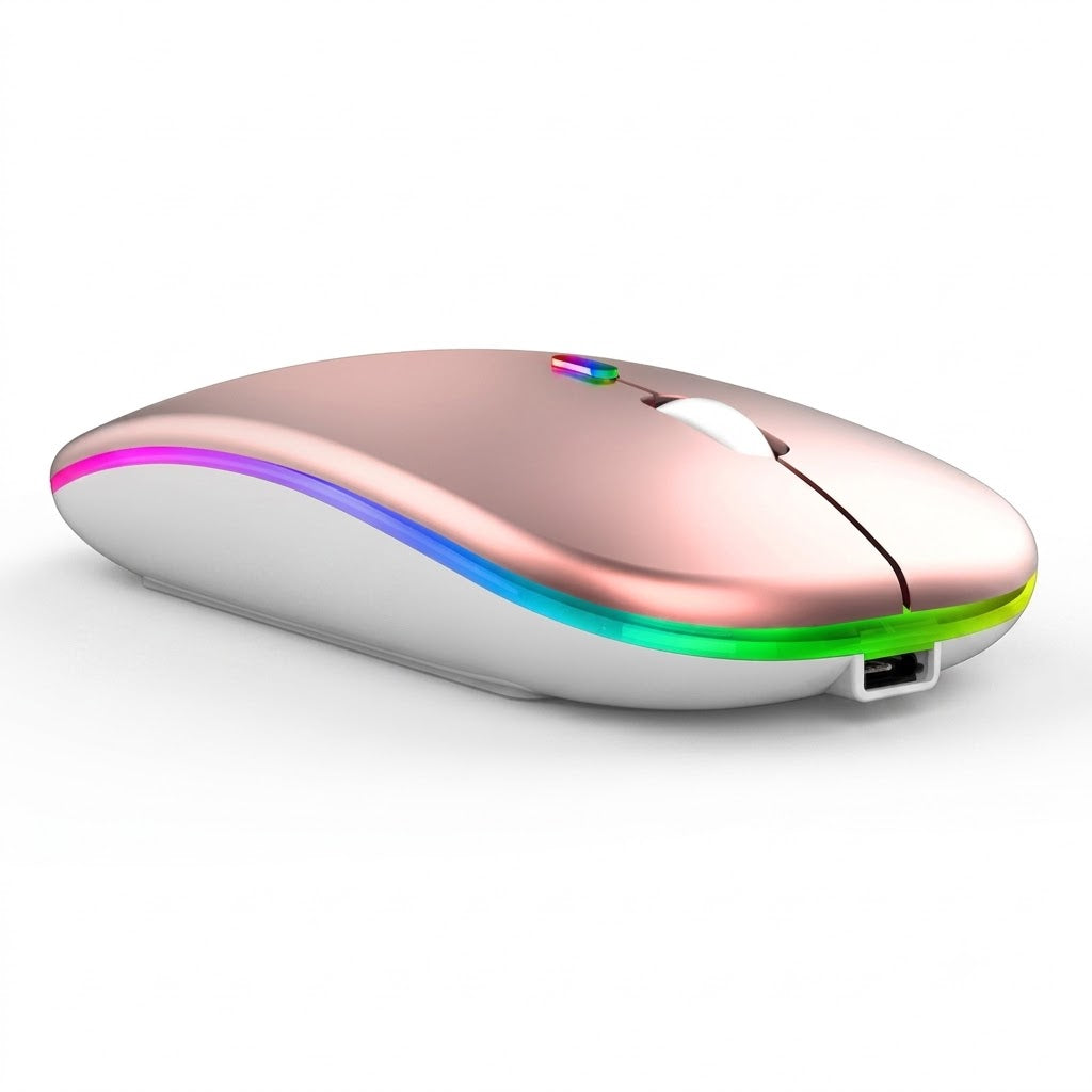 Rechargeable Dual-Mode Bluetooth 5.2 Wireless Mouse with 2.4GHz Receiver, Ultra-Silent Click & Colorful RGB LED Effects