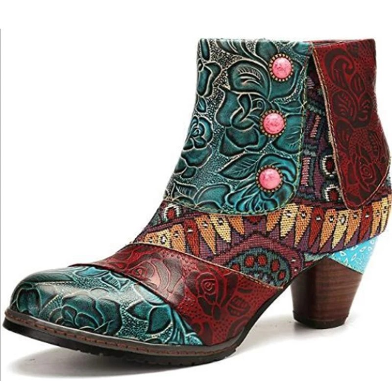 Vintage Spliced PU Leather Ankle Boots for Women