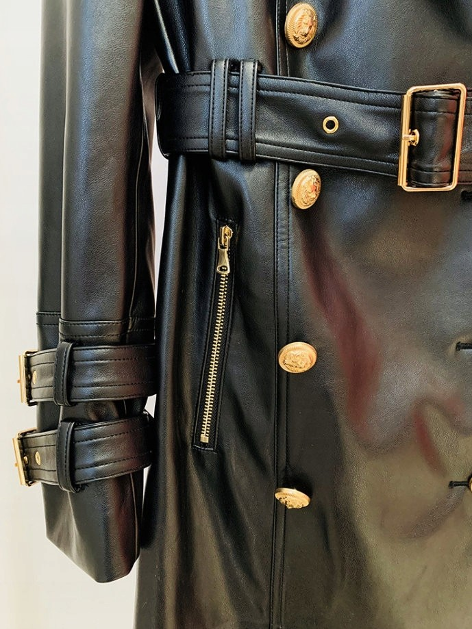 Belted Faux Leather Trench Coat