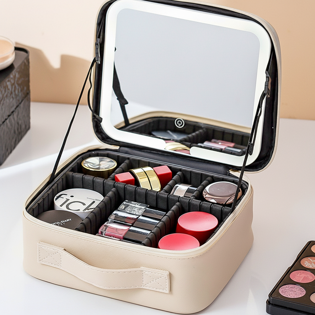 Portable Travel Makeup Case with Built-in LED Lighted Mirror
