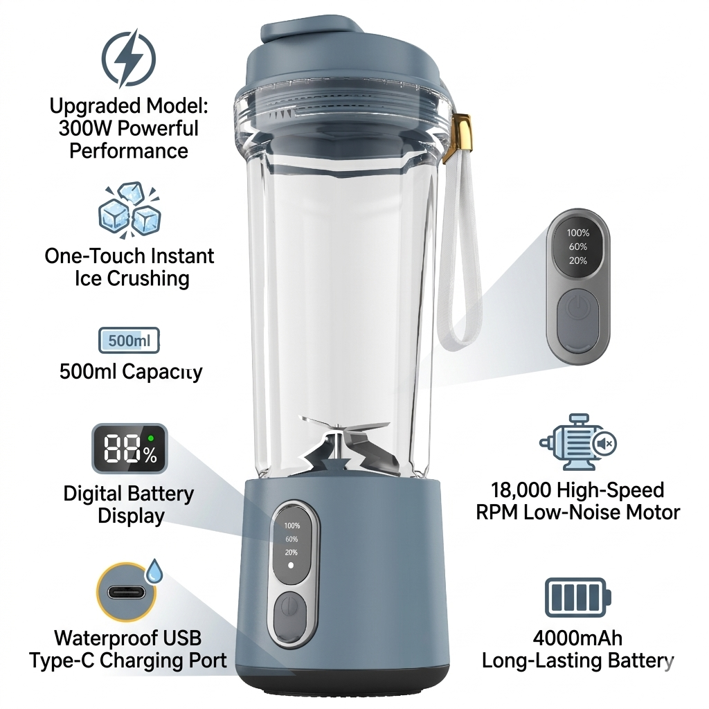 500ml Portable Electric Juicer Blender, Smoothie Mixer – USB Rechargeable