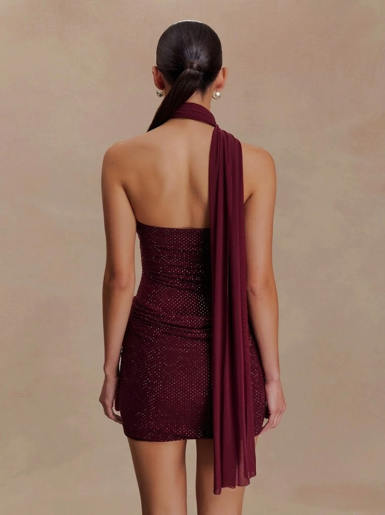 Mattea Rhinestone Mini Dress With Scarf