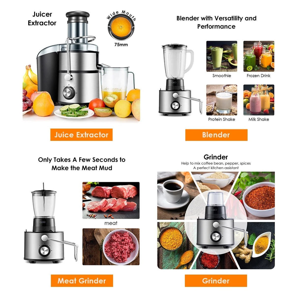 4-in-1 Multifunctional Food Processor – Chopper, Blender, Grinder & Juicer