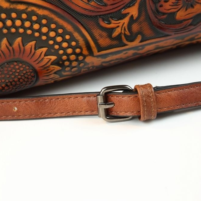 Retro Floral Embossed Genuine Leather Handbag