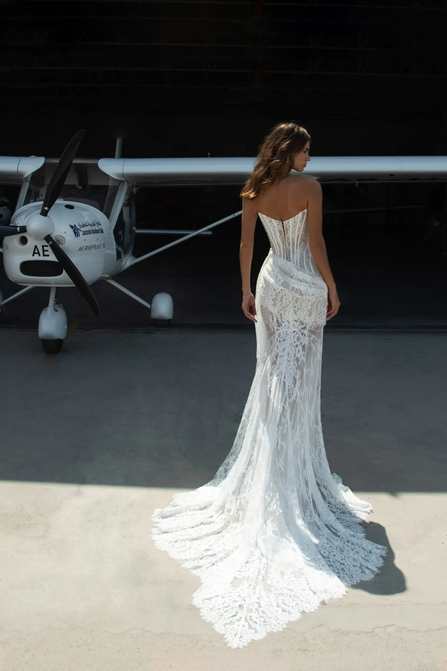 Strapless Lace Corset Bridal Gown with Sheer Skirt & Train