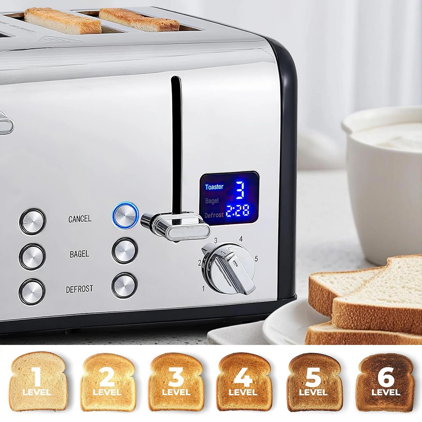 CUSIMAX 4-Slice Extra-Wide Slot Toaster with LED Display & Smart Controls