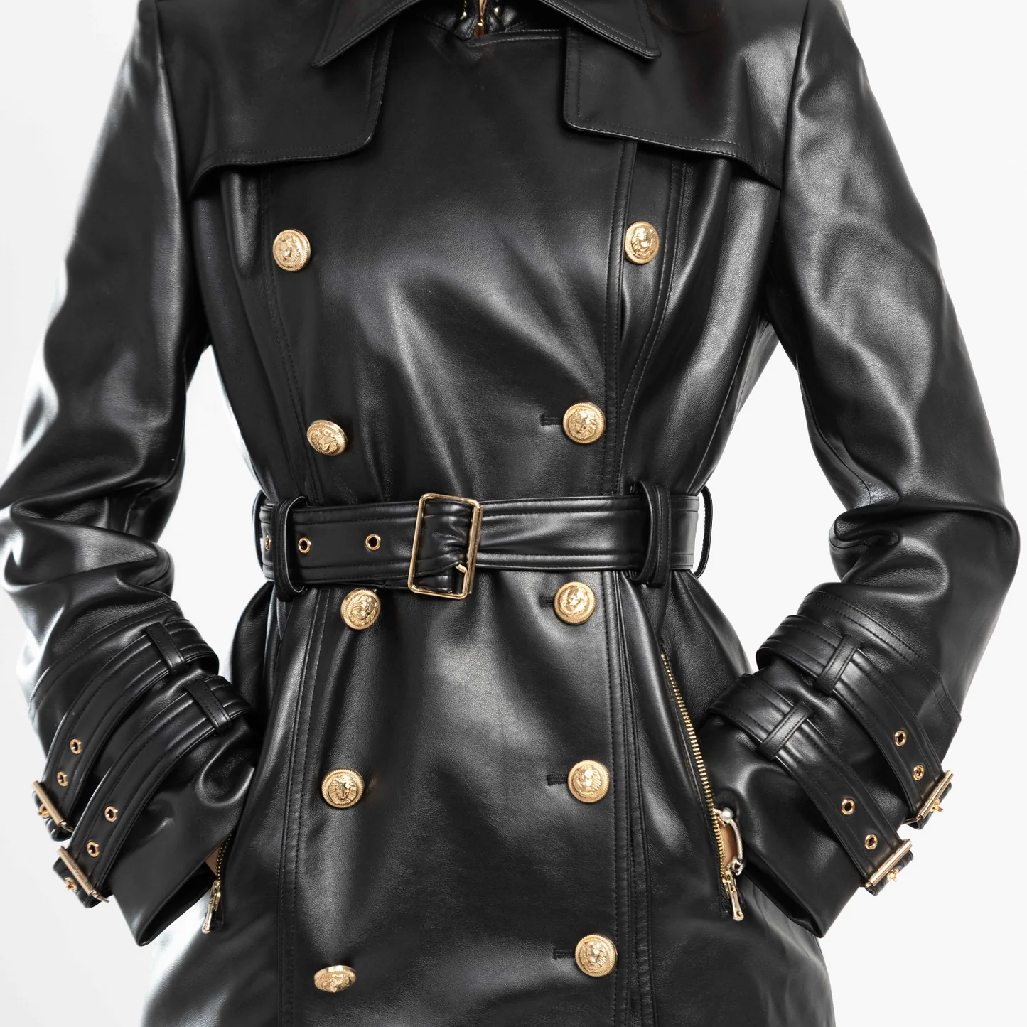 Belted Faux Leather Trench Coat