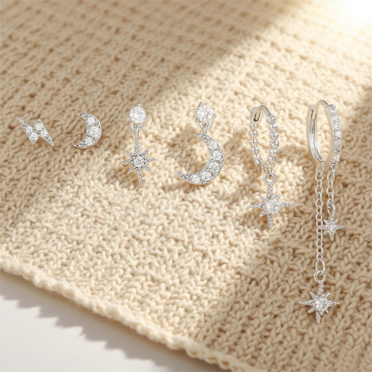 6-Piece 18k Gold Star-Moon Celestial Earring Set