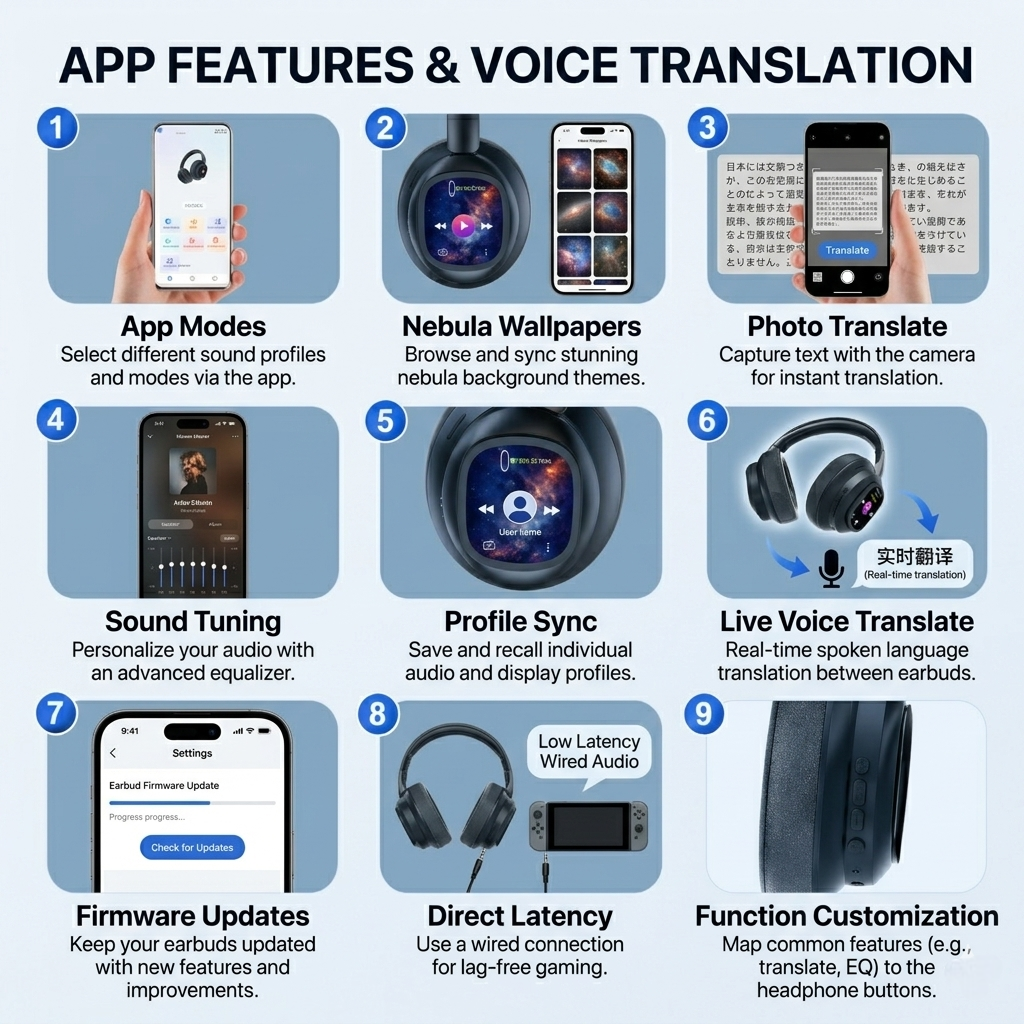HY-X1 Pro AI Smart Wireless Headphones with Detachable LCD Touch Screen, AI Translation, Smart Tools, 46H Playtime