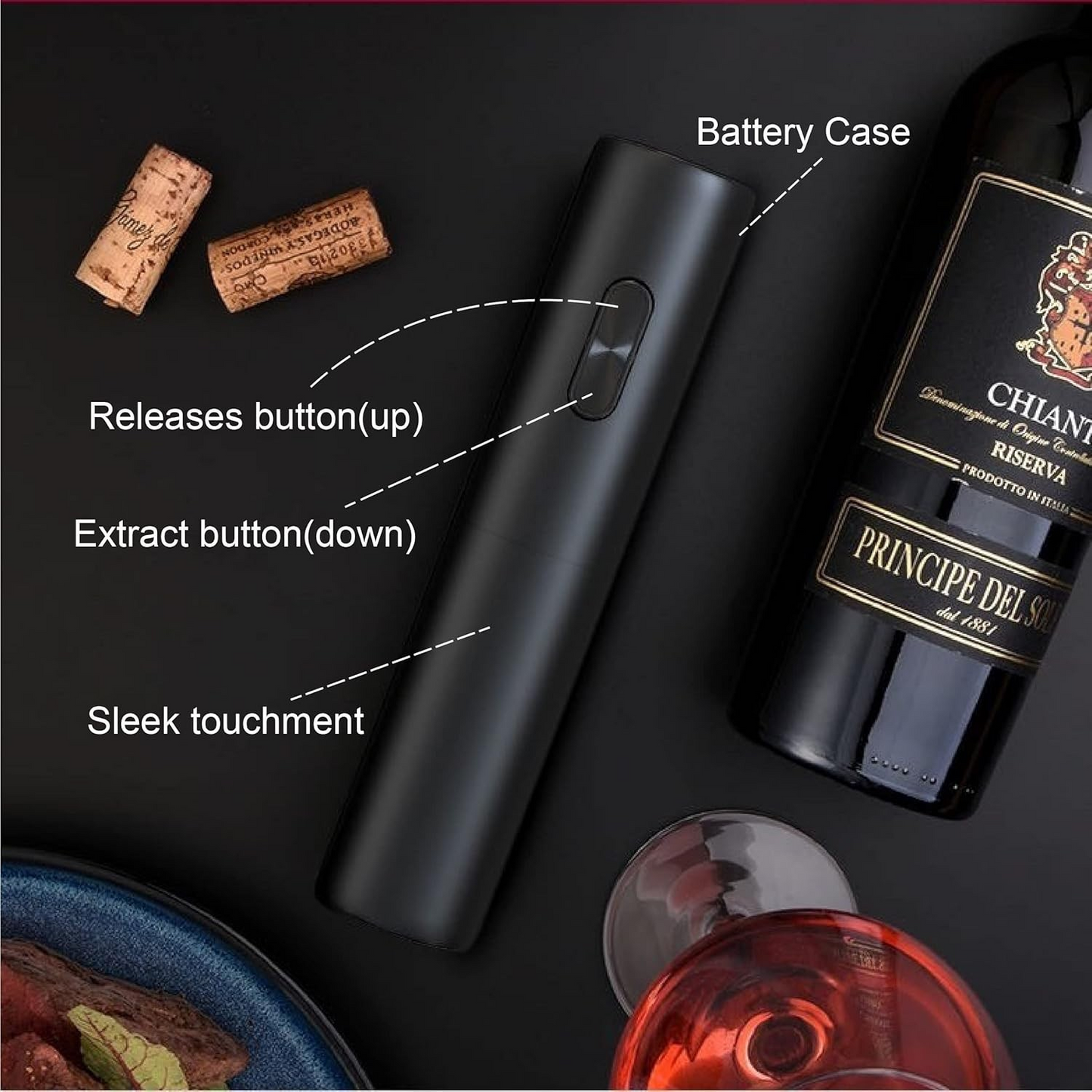 5-in-1 Electric Wine Set with Opener, Pourer, Vacuum Stopper, Foil Cutter and Storage Base
