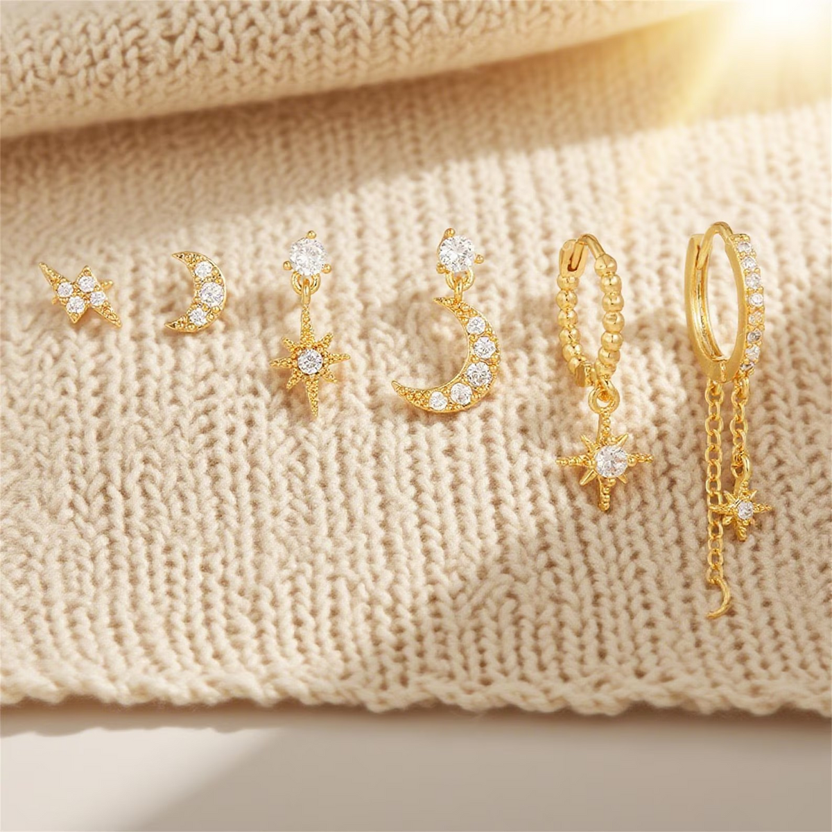 6-Piece 18k Gold Star-Moon Celestial Earring Set