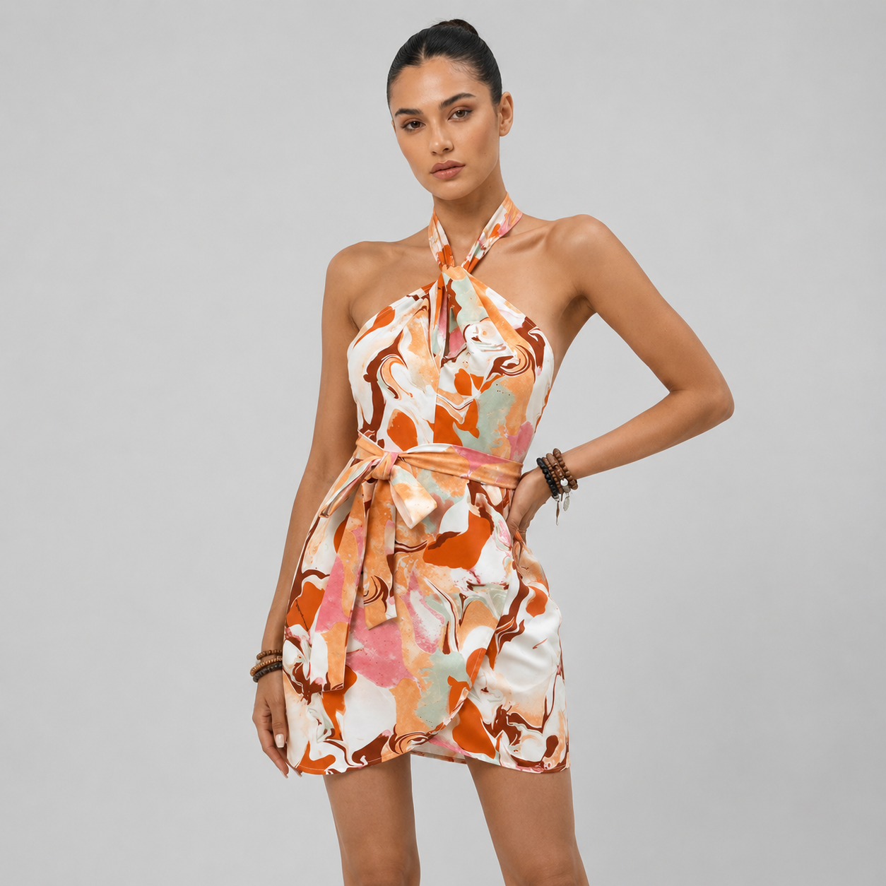 Wrap-Front Halter Mini Dress