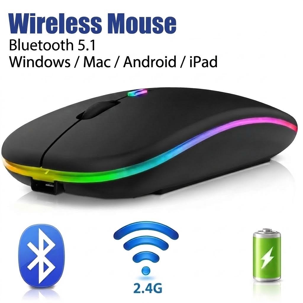 Rechargeable Dual-Mode Bluetooth 5.2 Wireless Mouse with 2.4GHz Receiver, Ultra-Silent Click & Colorful RGB LED Effects