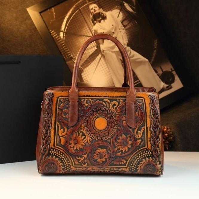 Retro Floral Embossed Genuine Leather Handbag