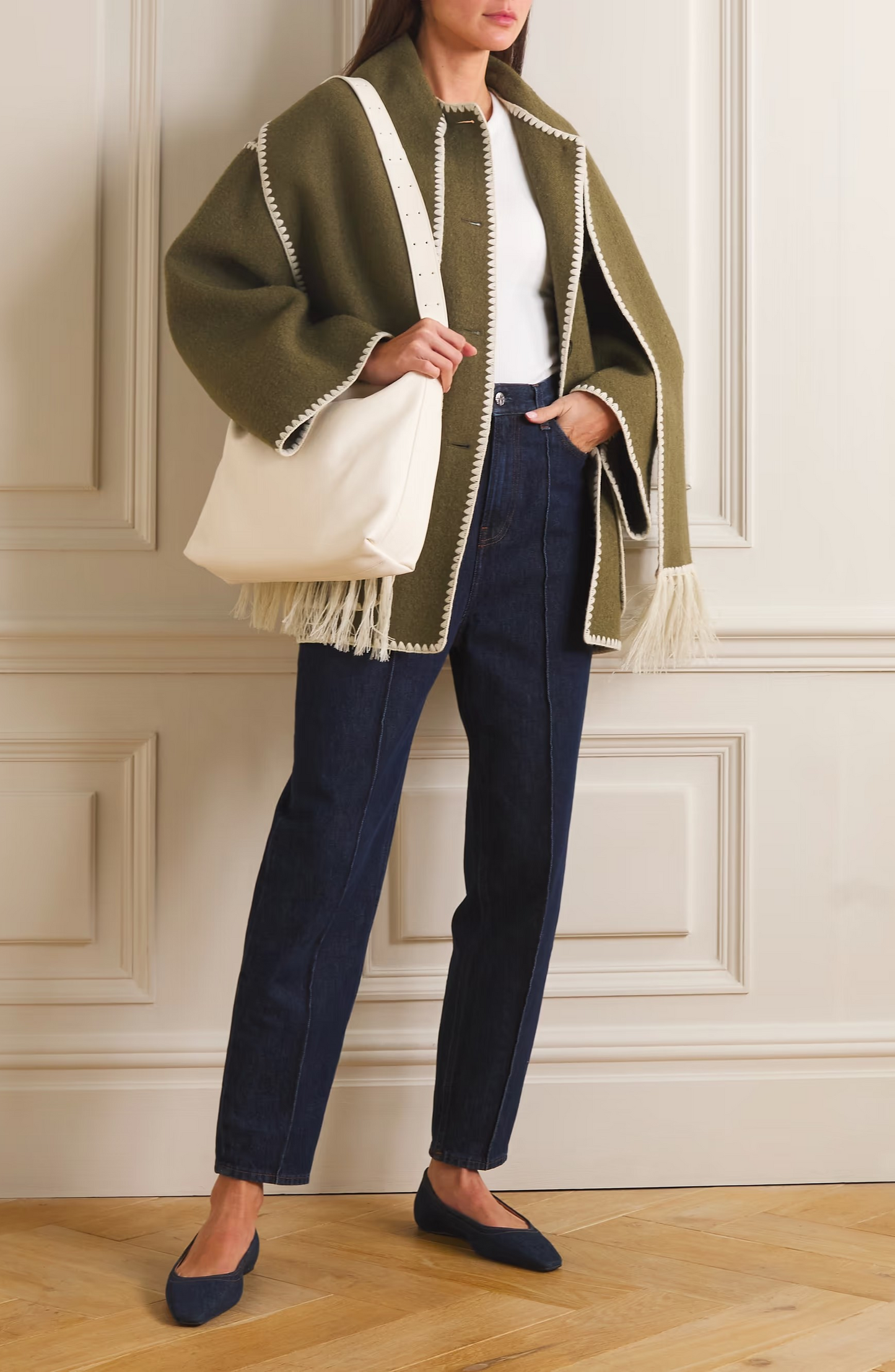 Draped Wool-Blend Coat with Fringed Scarf