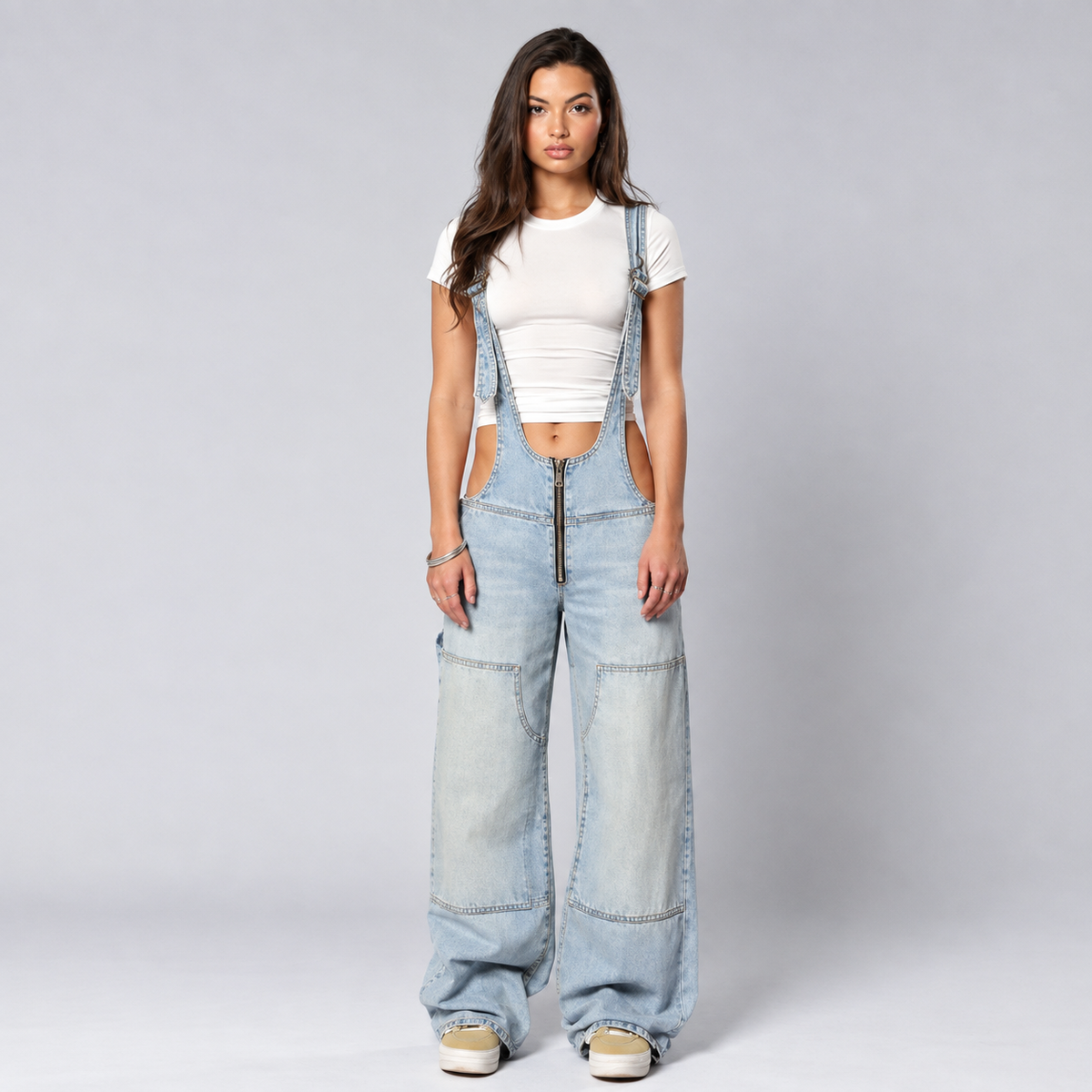 Denim Plunge Overalls