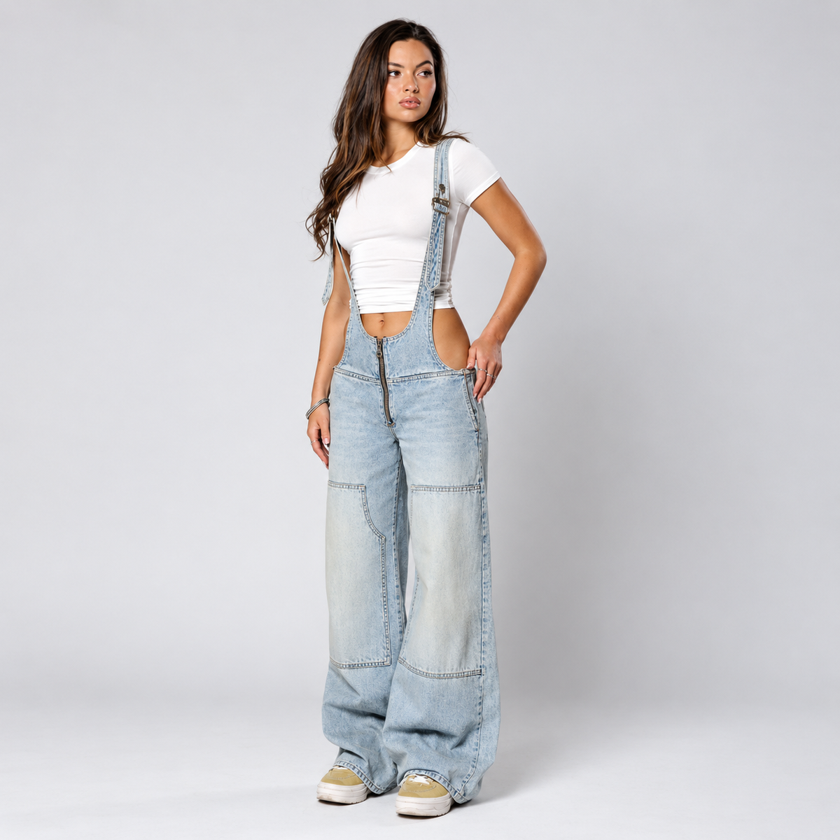 Denim Plunge Overalls