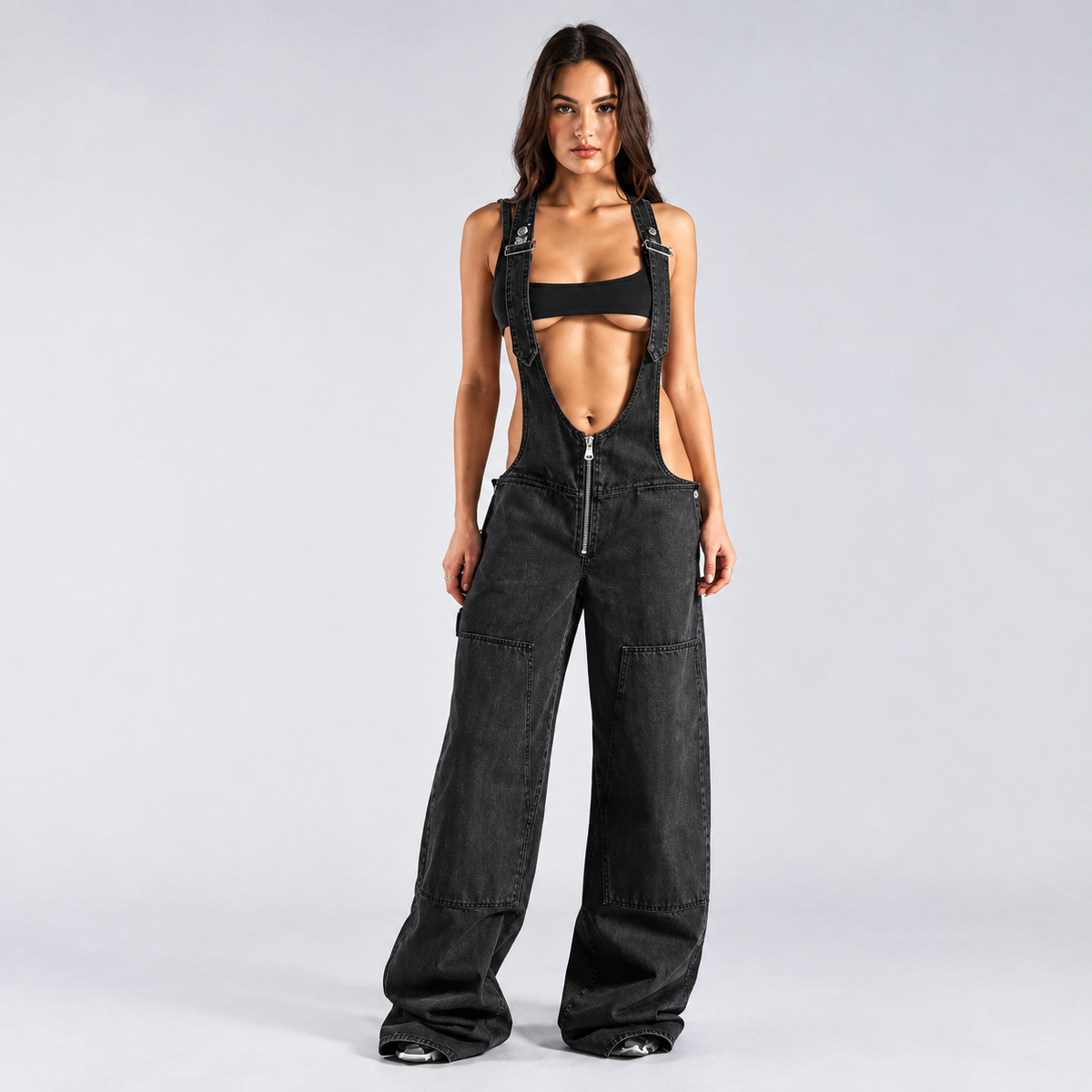 Denim Plunge Overalls