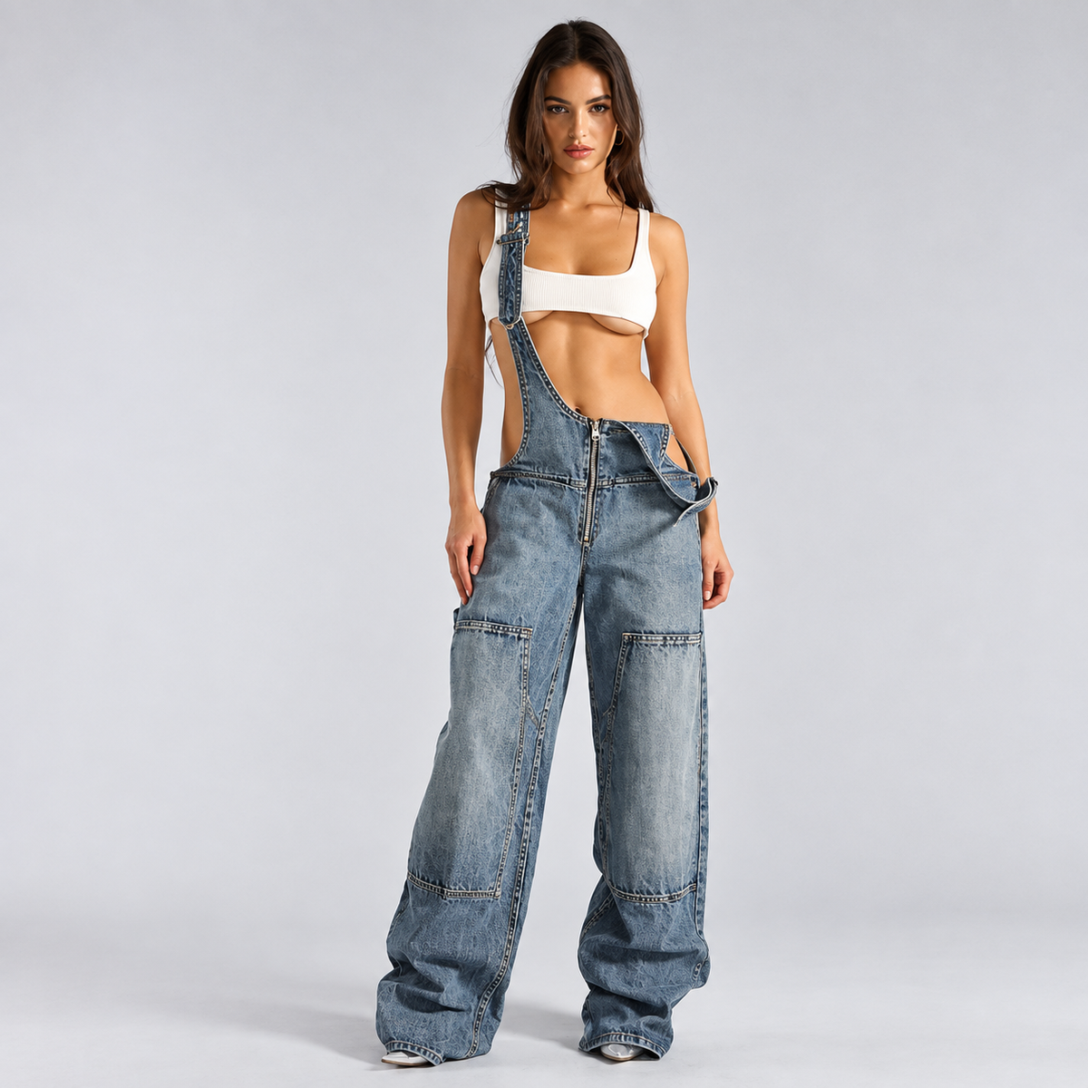 Denim Plunge Overalls
