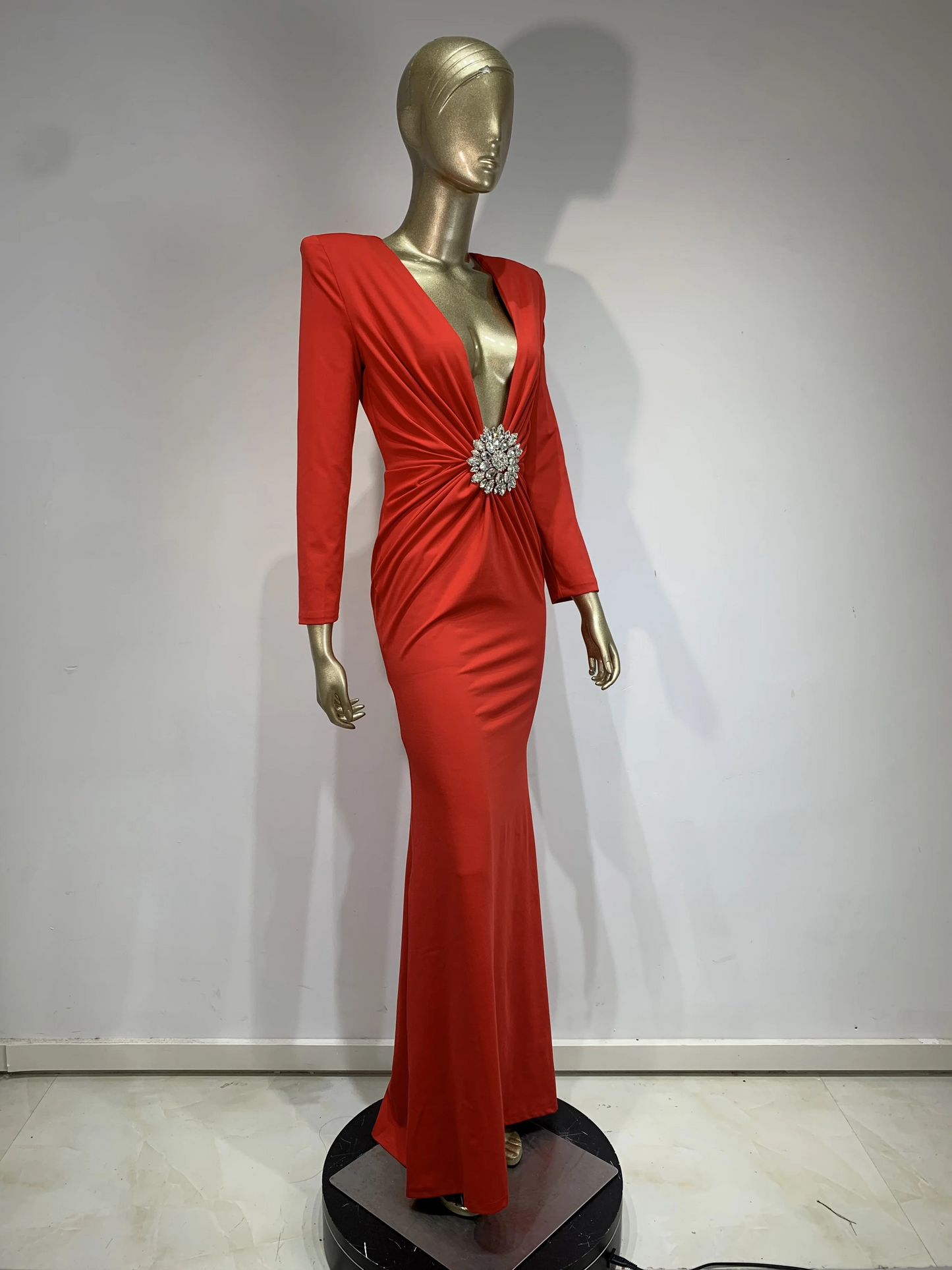 Plunging V Crystal Brooch Maxi Dress