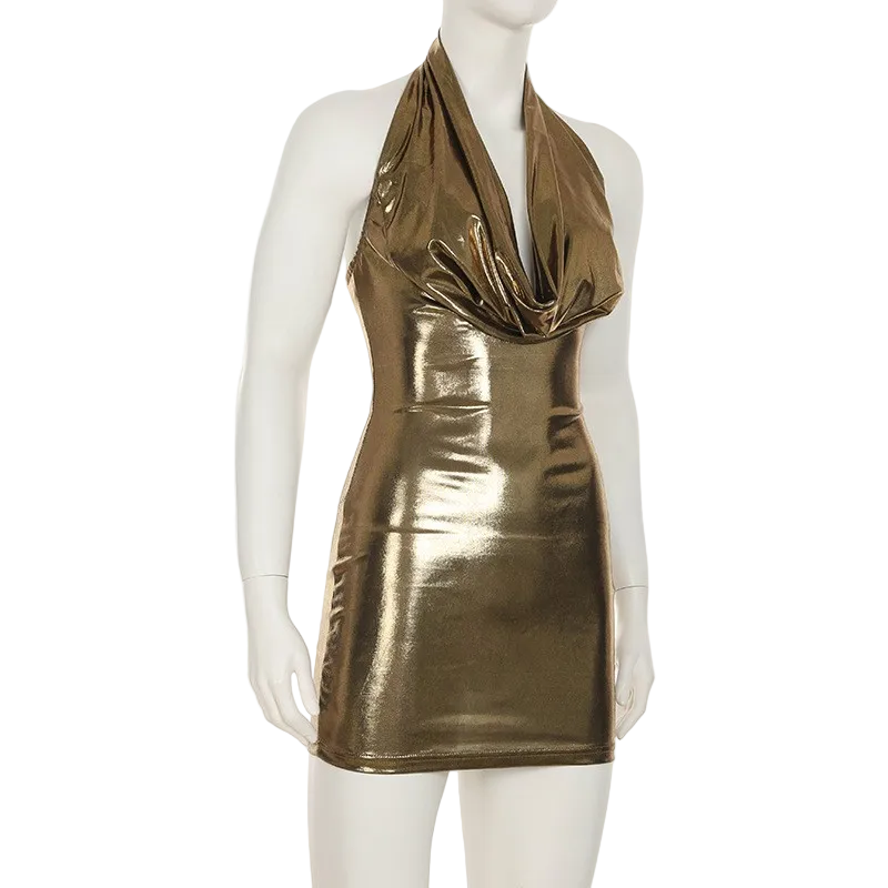 Cowl Neck Plunge Metallic Mini Dress