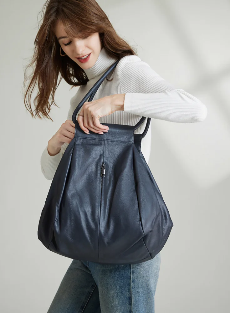 Genuine Cowhide Leather Slouchy Shoulder Bag