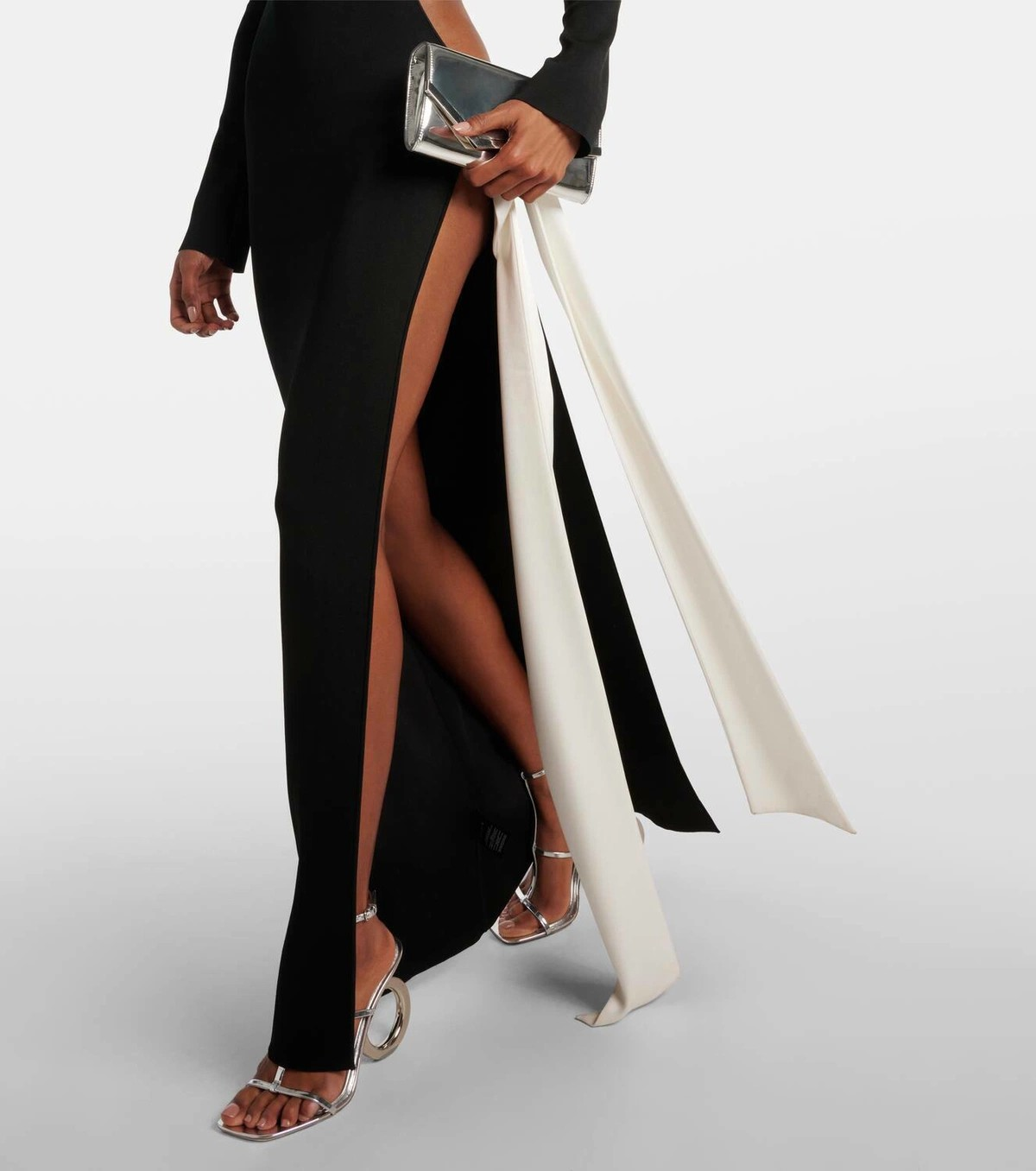 Thigh Slit Contrast Ribbon Maxi Dress with Side Cutout