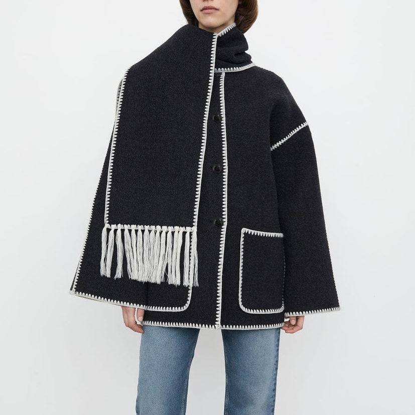 Wool-Blend Embroidered Scarf Coat