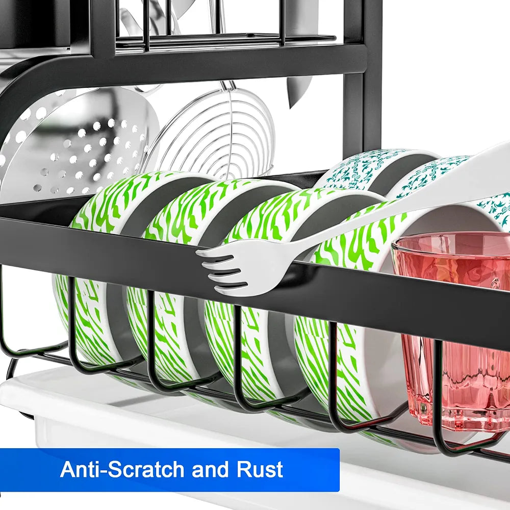 2 Tier Rust-Resistant Dish Drying Rack with Drip Tray, Utensil and Cutting Board Holder