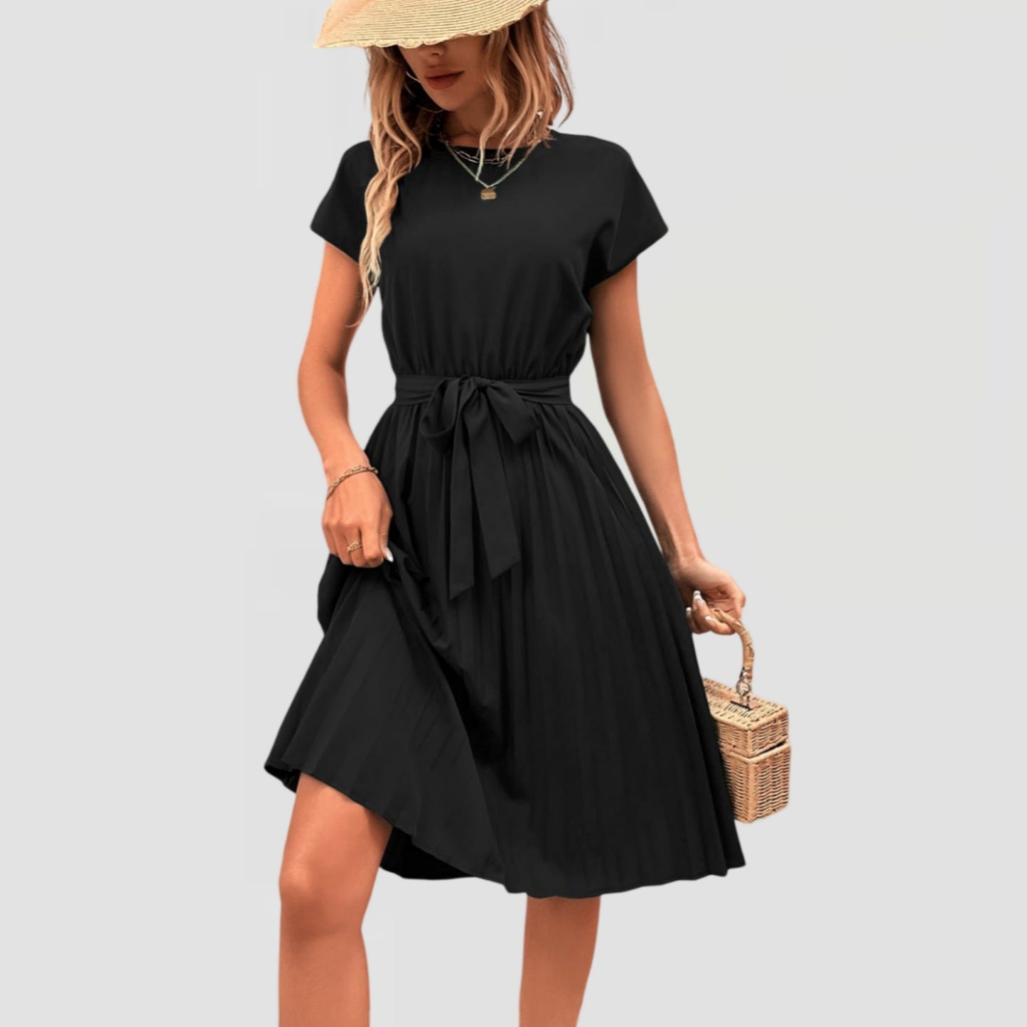 Tie-Front Pleated Midi Dress