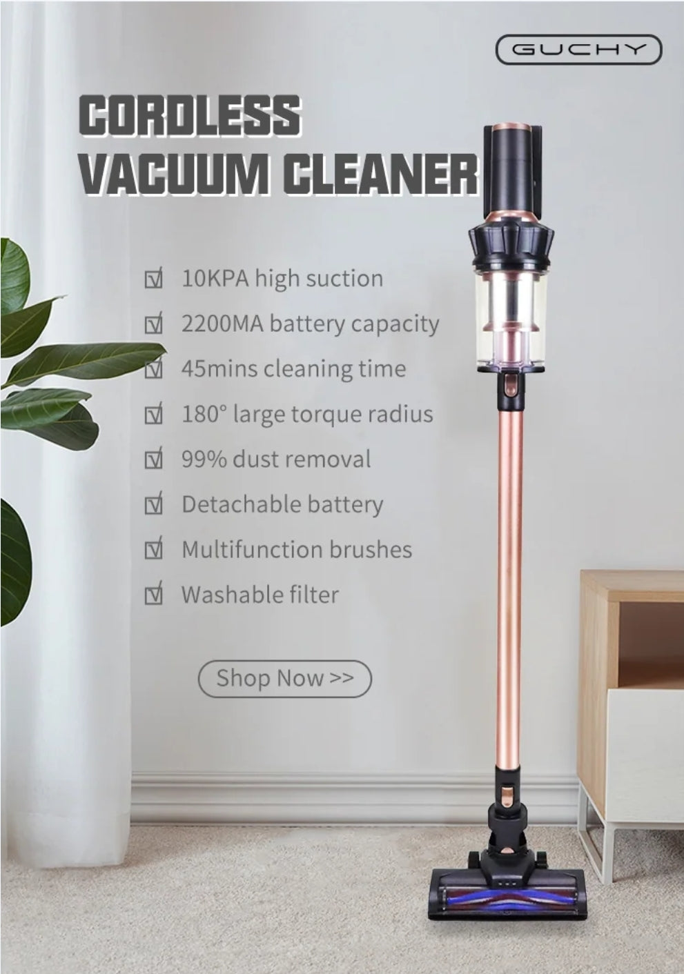 10KPa High-Suction Cordless Handheld Vacuum Cleaner, 45min Runtime, Built-In LED Light, Detachable Battery, Washable Filter